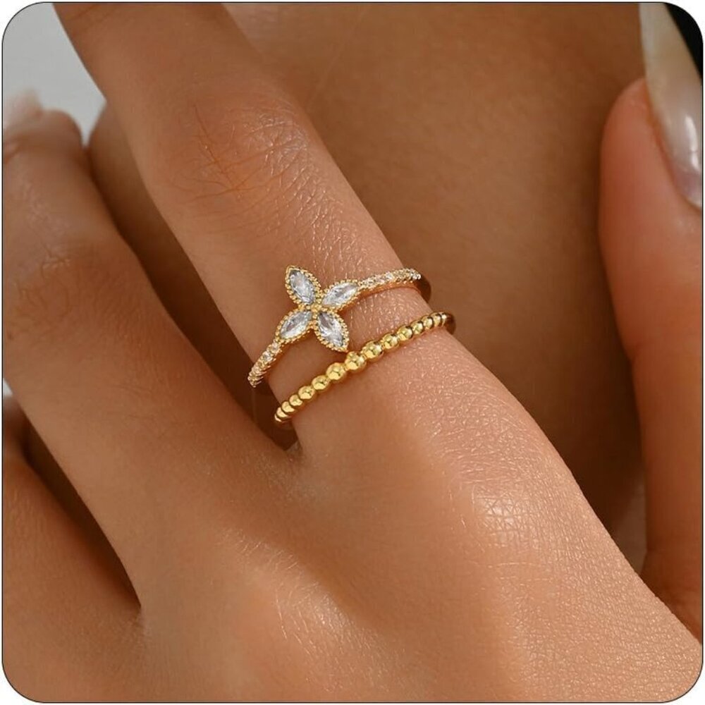 Open Stackable Rings for Women Gold Plated Dainty Cubic Zirconia Adjustable Jewe